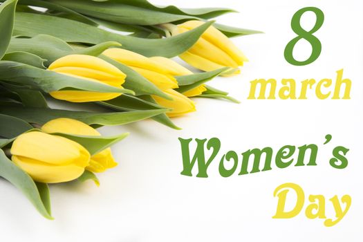 Happy Womens Day - yellow tulips on a white background