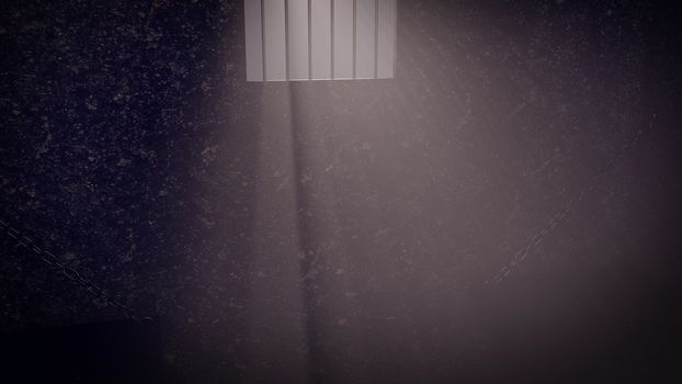 Prison cell interior , sunrays coming through a barred window.