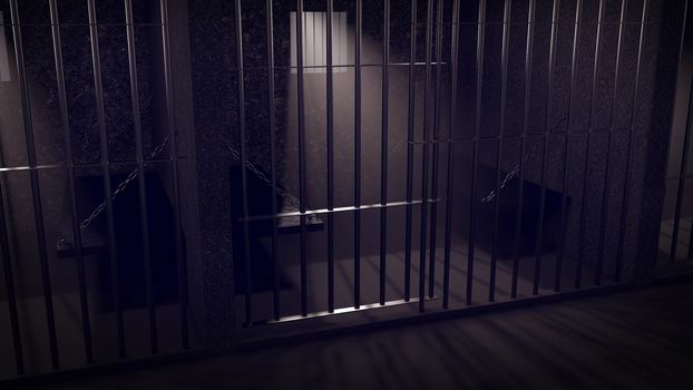 Prison cell interior, sunrays coming through a barred window.