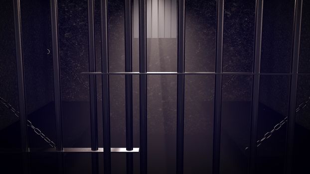 3D Render of locked prison cell for two persons. Dark atmosphere.