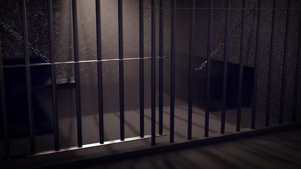 3D Render of locked prisoncell for two person with beds. Dark atmosphere.