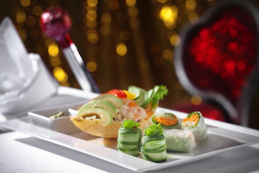 close up view of nice fresh meal on white table cloth