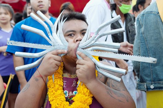 portrait of the member of vegetarian festival in Phuket, Thailand, oct 2015