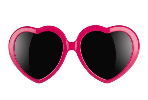 A pair of pink heart shaped sun glasses with black lenses isolated on white background 