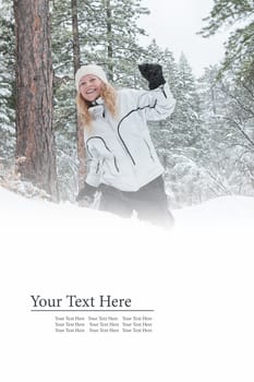 Portrait of young beautiful woman on winter outdoor background. Banner, lots of space.