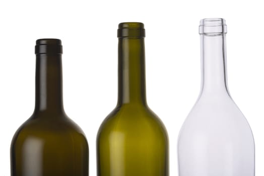 Empty colored wine bottles isolated on white background