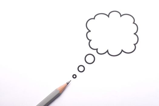Top view of a grey pencil with a speech bubble isolated on white background