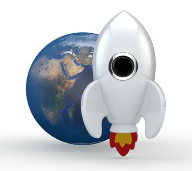 3D render of a symbolic rocket. The rocket is painted in white.  Yellow and red flames come out from its thrusters.  In the middle of the rocket there is a chrome, black glass window. At the back of the rocket there is planet earth.