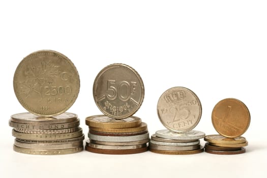 Coins of different currency on white background