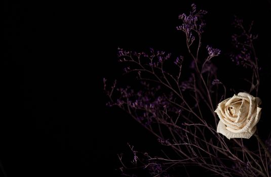 Horizontal photo of a withered white rose with branches on dark background