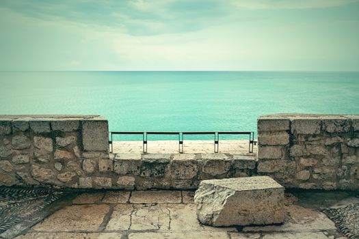 View over turquoise sea and clouds. Peniscola, resort in the province of Castellon, Valencian Community, Spain.