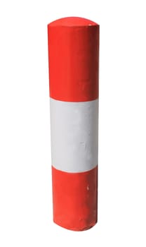 Red and white warning bollard isolated on a white background.