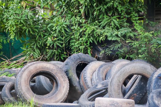 An Old tires in soft light .