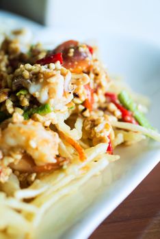 papaya salad with horse crab close up .