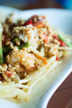 papaya salad with horse crab close up .