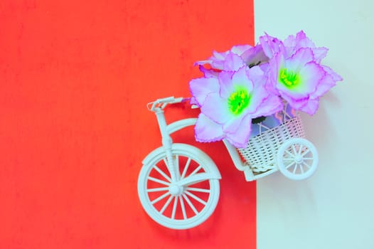 An Bicycle toy and flower on wall background .