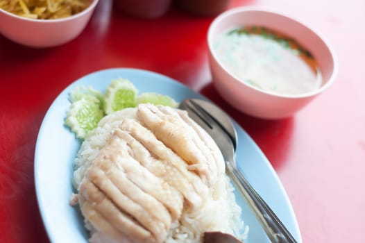 Chicken and rice thai food in soft light .