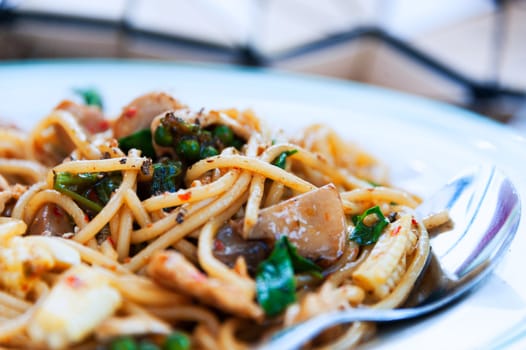 spaghetti in white disk with soft light .