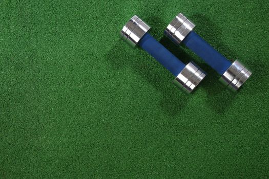 A pair of dumbells on a grass background. Fitness, workout