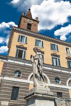 View of historical square of Piazza Del Popolo in Rome, with a woman sculpture, on cloudy blue sky background.