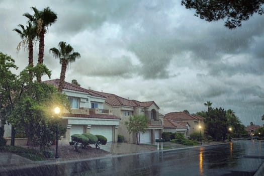 panoramic view of empty street  late evening during heavy rain