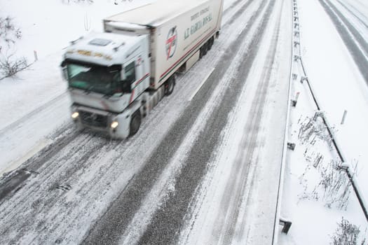Winter traffic on the motorway in denmark