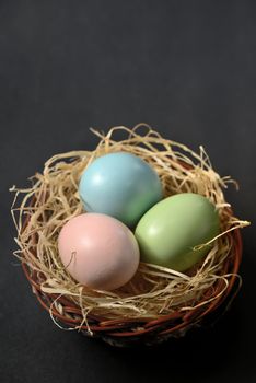 Easter eggs in the nest on black  background