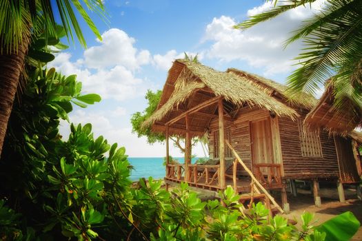 view of nice exotic bamboo hut on tropical beach