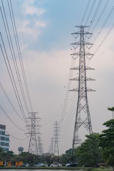 Bangkok, Thailand - February 24, 2016 : Electric Transmission Tower with sky background in a village