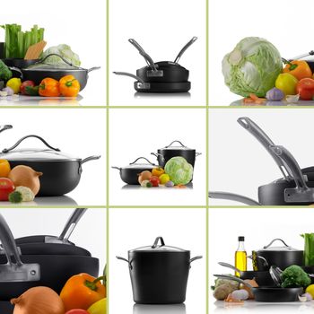 cooking theme collage composed of different images of pots and vegetables on white back