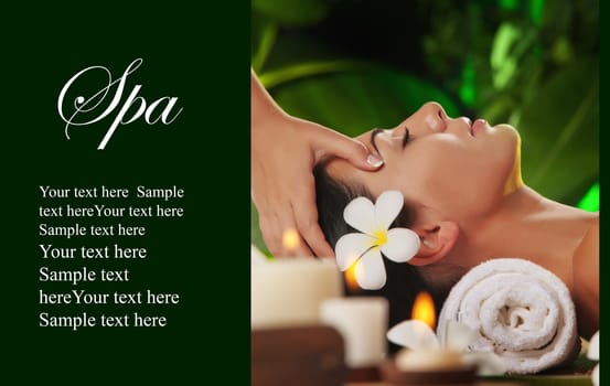 portrait of young beautiful woman in spa environment. banner. lots of space for your text.