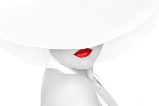 High key portrait of young beautiful woman  in white hat