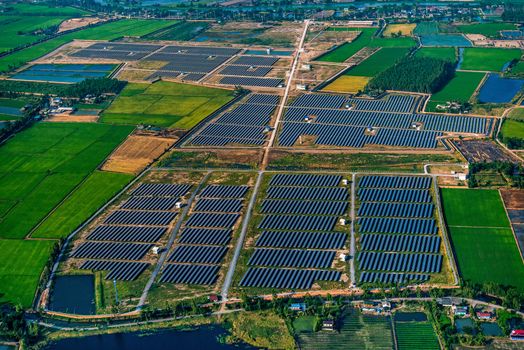 Solar farm, solar panels aerial view