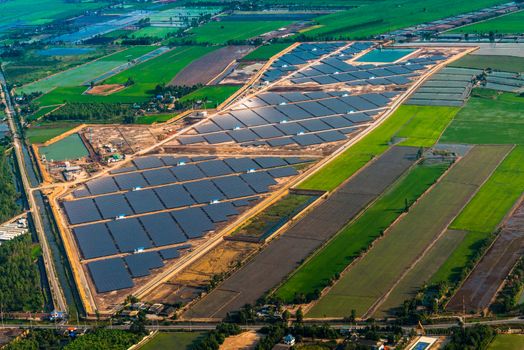 Solar farm, solar panels photo from the air