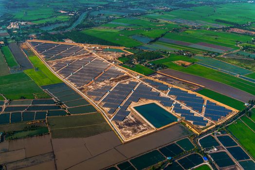 Solar farm, solar panels photo from the air