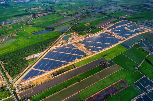 Solar farm, solar panels photo from the air