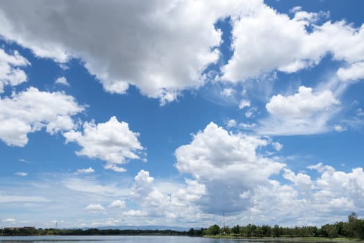 Abstract background of blue sky with white clouds and rain clouds.