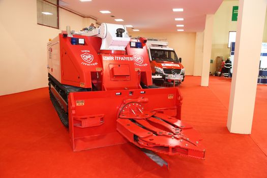 ISTANBUL, TURKEY - SEPTEMBER 12, 2015: Tracked fire truck in ISAF Security fair in Istanbul Fair Center