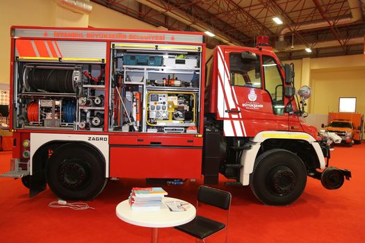 ISTANBUL, TURKEY - SEPTEMBER 12, 2015: Fire Truck in ISAF Security fair in Istanbul Fair Center