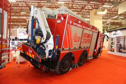 ISTANBUL, TURKEY - SEPTEMBER 12, 2015: Fire Truck in ISAF Security fair in Istanbul Fair Center