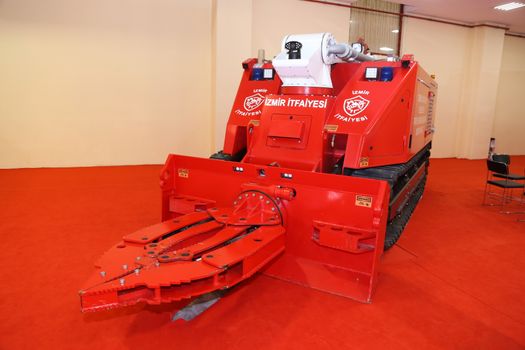 ISTANBUL, TURKEY - SEPTEMBER 12, 2015: Tracked fire truck in ISAF Security fair in Istanbul Fair Center