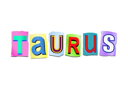 Illustration depicting a set of cut out printed letters arranged to form the word taurus.