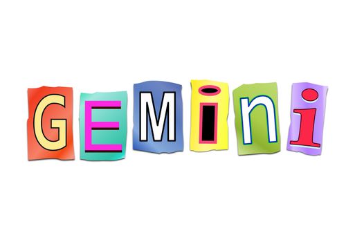 Illustration depicting a set of cut out printed letters arranged to form the word gemini.