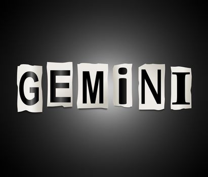 Illustration depicting a set of cut out printed letters arranged to form the word gemini.