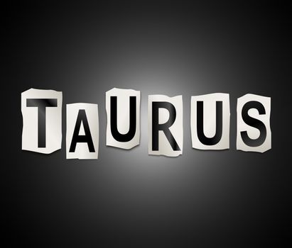 Illustration depicting a set of cut out printed letters arranged to form the word taurus.