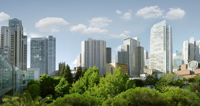 panoramic view of big modern city during summer morning