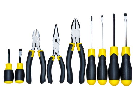 Close up view of different kind of tools on white background