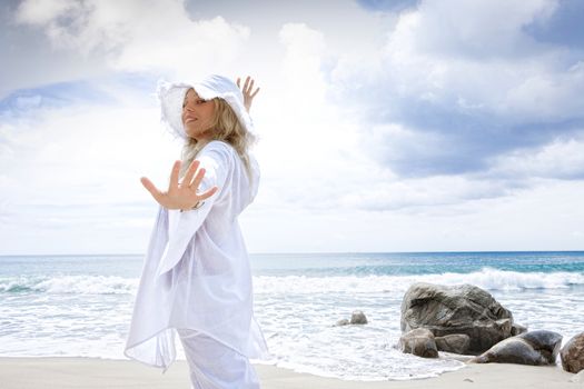 Portrait of nice young woman  having good time on tropical beach