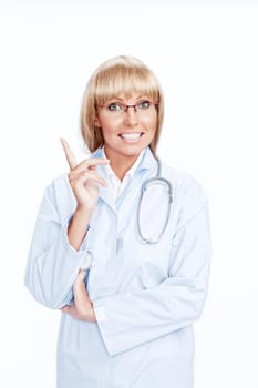 Portrait of nice doctor in glasses on white  back