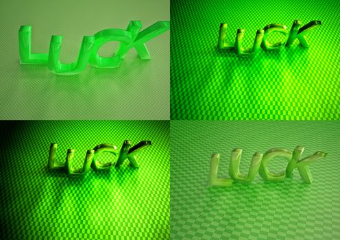 Set of pictures dimensional inscription of LUCK on green background.